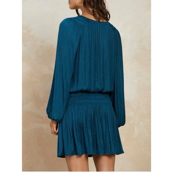 CURRENT AIR Anthropologie Long Sleeve Silky Crinkle Smocked Waist Dress Teal S - Picture 2 of 7